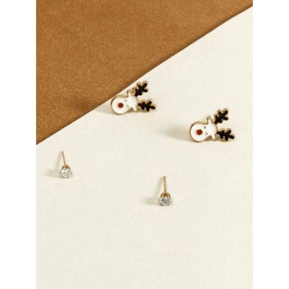REINDEER CHRISTMAS GOLD TONED STUD EARRINGS & DIAMOND STUD EARRING SET - Picture 3 of 6